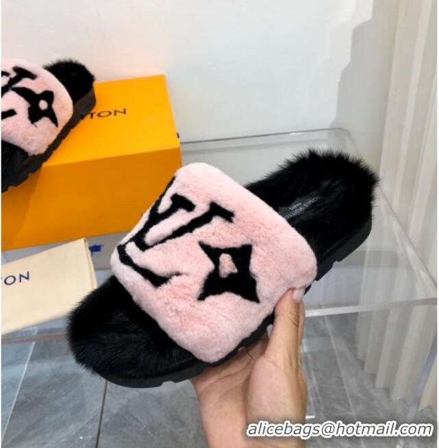 Cute Style Louis Vuitton Mink Fur and Shearling Flat Slide Sandals 092554 Pnk/Black