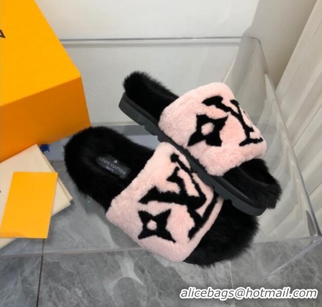 Cute Style Louis Vuitton Mink Fur and Shearling Flat Slide Sandals 092554 Pnk/Black