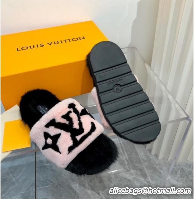 Cute Style Louis Vuitton Mink Fur and Shearling Flat Slide Sandals 092554 Pnk/Black