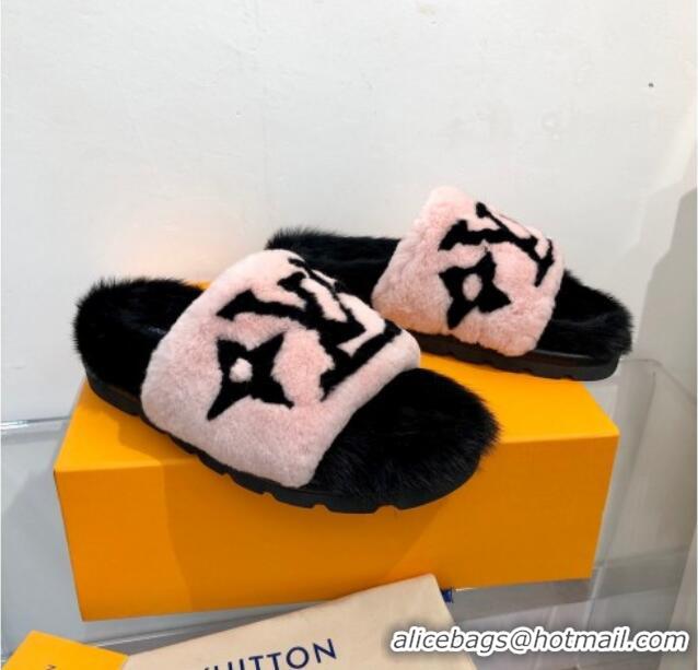 Cute Style Louis Vuitton Mink Fur and Shearling Flat Slide Sandals 092554 Pnk/Black