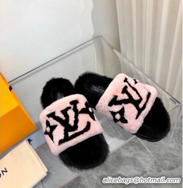 Cute Style Louis Vuitton Mink Fur and Shearling Flat Slide Sandals 092554 Pnk/Black