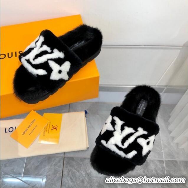 Low Price Louis Vuitton Mink Fur and Shearling Flat Slide Sandals 092554 White/Black