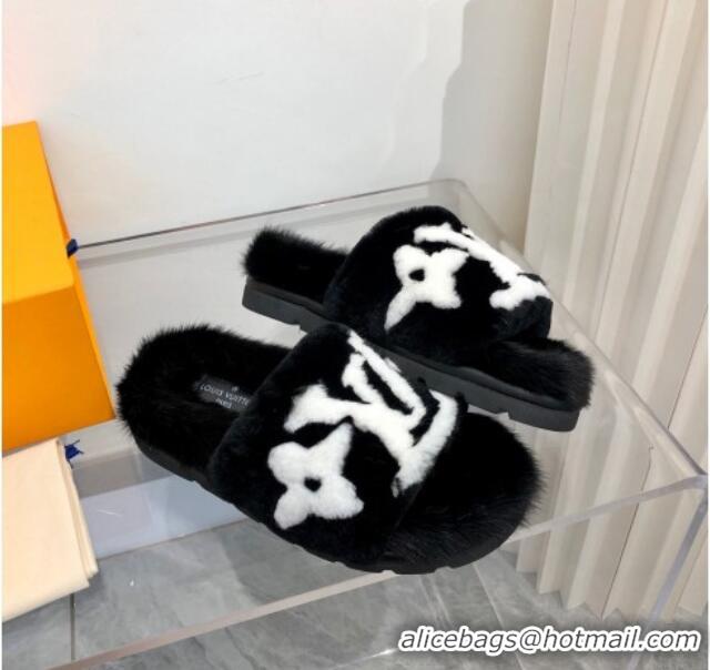 Low Price Louis Vuitton Mink Fur and Shearling Flat Slide Sandals 092554 White/Black