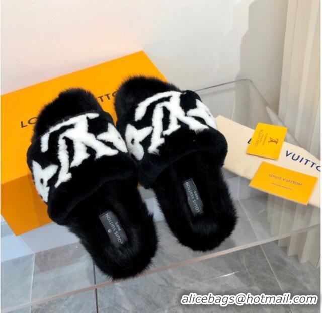 Low Price Louis Vuitton Mink Fur and Shearling Flat Slide Sandals 092554 White/Black