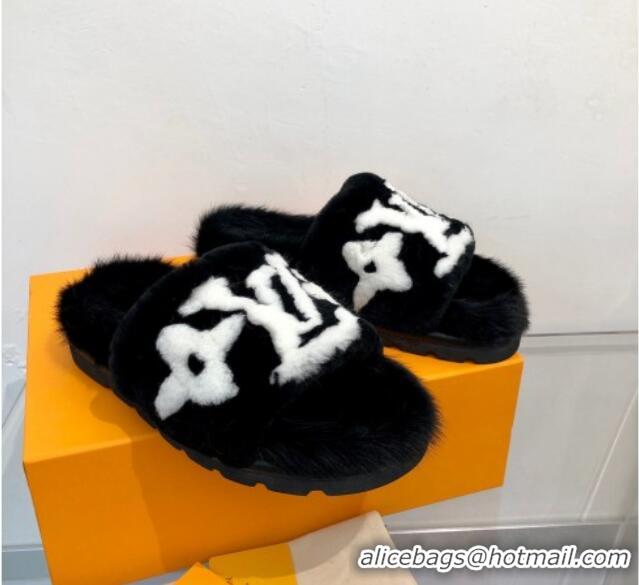 Low Price Louis Vuitton Mink Fur and Shearling Flat Slide Sandals 092554 White/Black