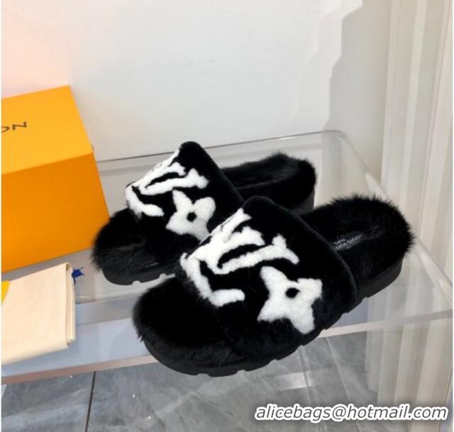 Low Price Louis Vuitton Mink Fur and Shearling Flat Slide Sandals 092554 White/Black