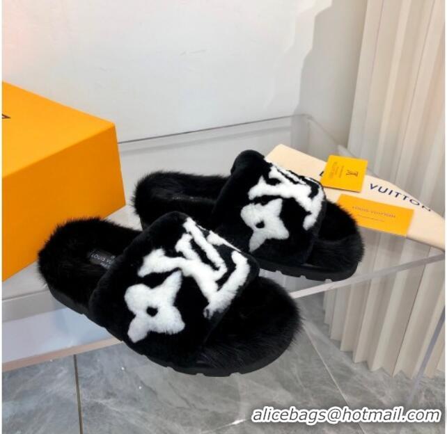 Low Price Louis Vuitton Mink Fur and Shearling Flat Slide Sandals 092554 White/Black