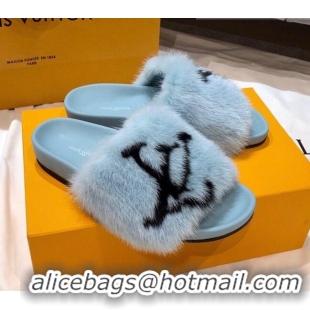 Unique Grade Louis Vuitton LV Mink Fur Flat Slide Sandals 092558 Blue