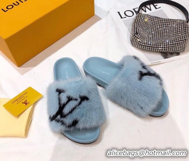 Unique Grade Louis Vuitton LV Mink Fur Flat Slide Sandals 092558 Blue