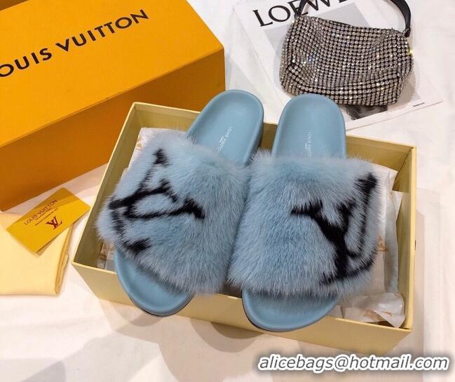 Unique Grade Louis Vuitton LV Mink Fur Flat Slide Sandals 092558 Blue