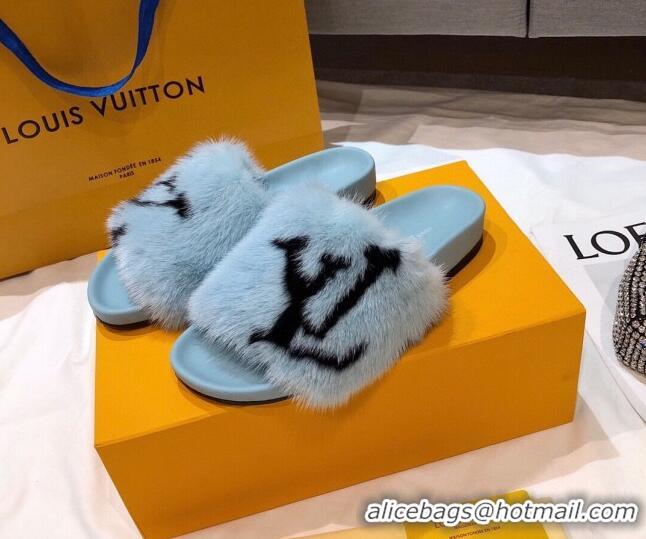 Unique Grade Louis Vuitton LV Mink Fur Flat Slide Sandals 092558 Blue