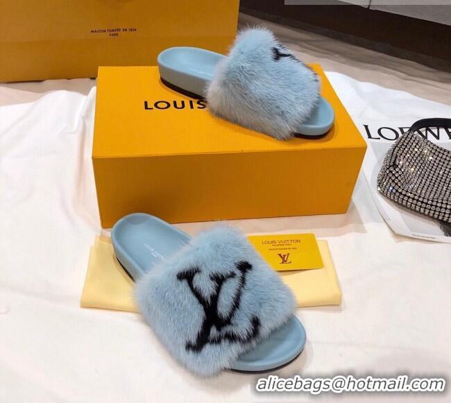 Unique Grade Louis Vuitton LV Mink Fur Flat Slide Sandals 092558 Blue