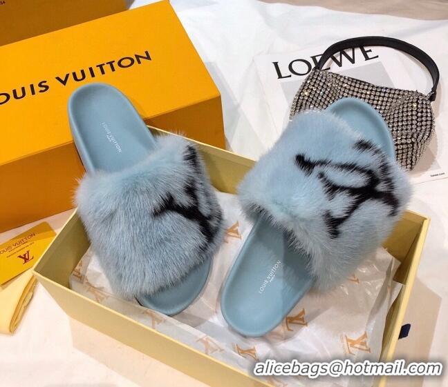 Unique Grade Louis Vuitton LV Mink Fur Flat Slide Sandals 092558 Blue