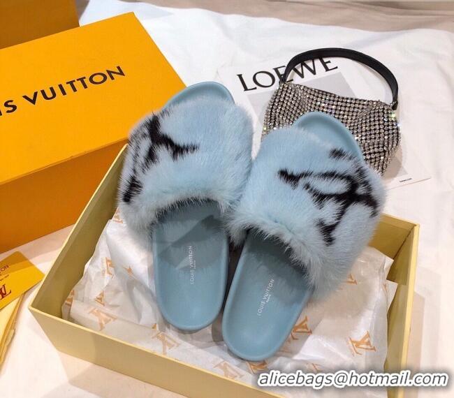 Unique Grade Louis Vuitton LV Mink Fur Flat Slide Sandals 092558 Blue