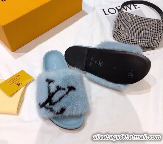 Unique Grade Louis Vuitton LV Mink Fur Flat Slide Sandals 092558 Blue