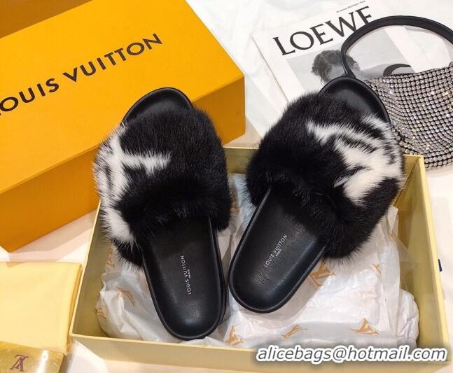 Best Price Louis Vuitton LV Mink Fur Flat Slide Sandals 092559 Black