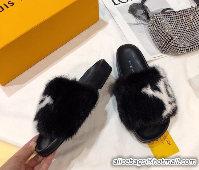 Best Price Louis Vuitton LV Mink Fur Flat Slide Sandals 092559 Black