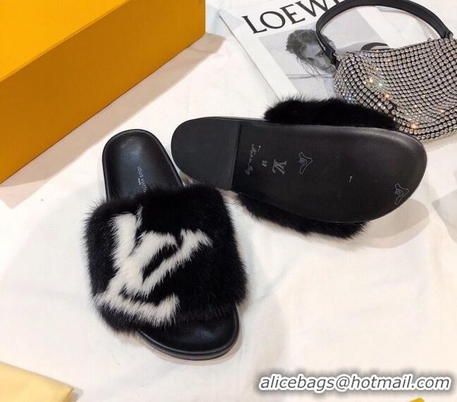 Best Price Louis Vuitton LV Mink Fur Flat Slide Sandals 092559 Black