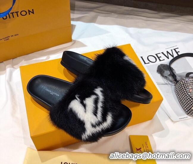 Best Price Louis Vuitton LV Mink Fur Flat Slide Sandals 092559 Black