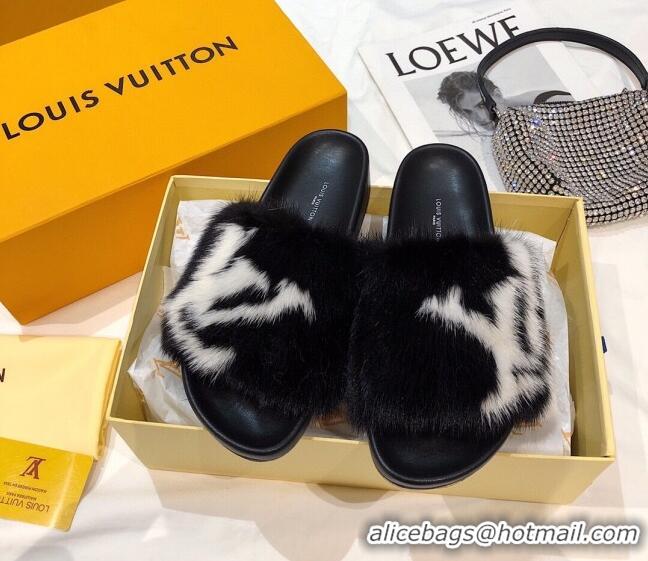 Best Price Louis Vuitton LV Mink Fur Flat Slide Sandals 092559 Black