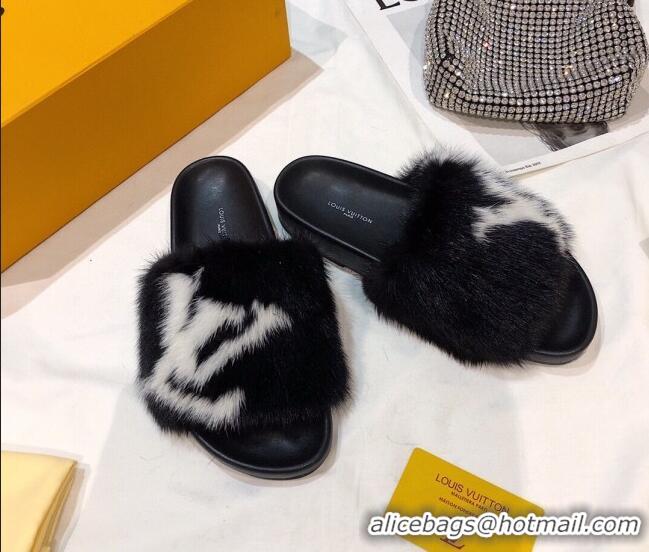 Best Price Louis Vuitton LV Mink Fur Flat Slide Sandals 092559 Black