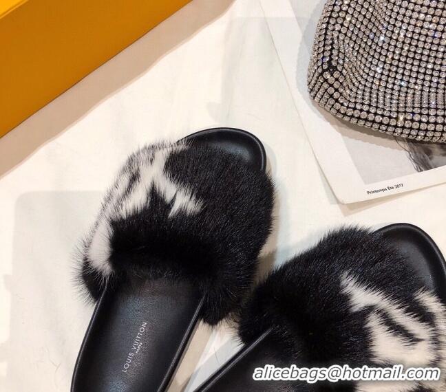 Best Price Louis Vuitton LV Mink Fur Flat Slide Sandals 092559 Black