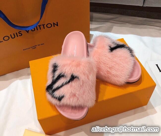 Grade Design Louis Vuitton LV Mink Fur Flat Slide Sandals 092559 Pink