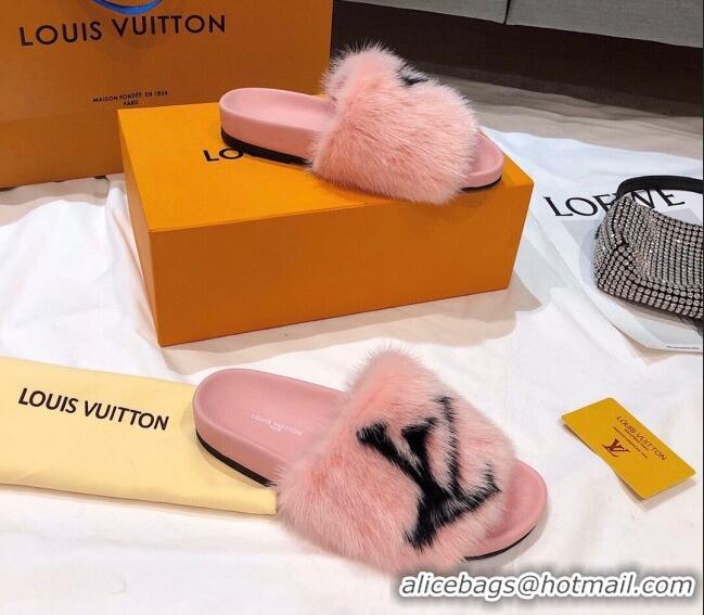 Grade Design Louis Vuitton LV Mink Fur Flat Slide Sandals 092559 Pink