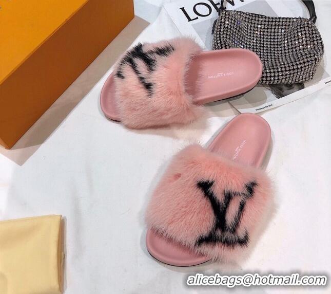 Grade Design Louis Vuitton LV Mink Fur Flat Slide Sandals 092559 Pink