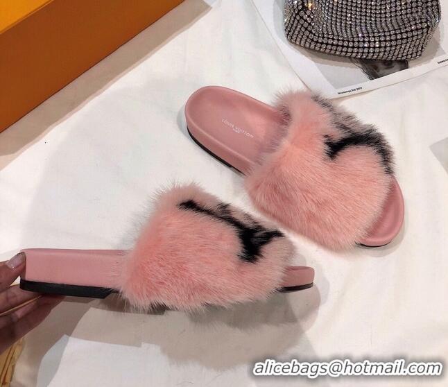 Grade Design Louis Vuitton LV Mink Fur Flat Slide Sandals 092559 Pink