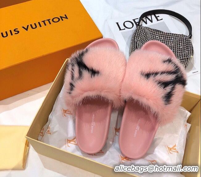 Grade Design Louis Vuitton LV Mink Fur Flat Slide Sandals 092559 Pink