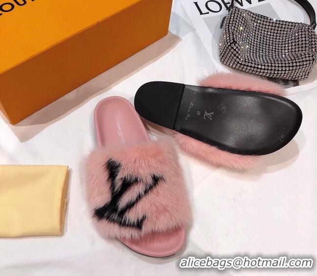 Grade Design Louis Vuitton LV Mink Fur Flat Slide Sandals 092559 Pink