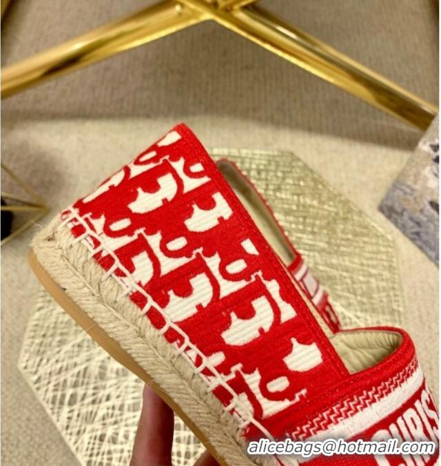 Good Quality Dior Granville Espadrilles in Red Oblique Embroidered Cotton 070895