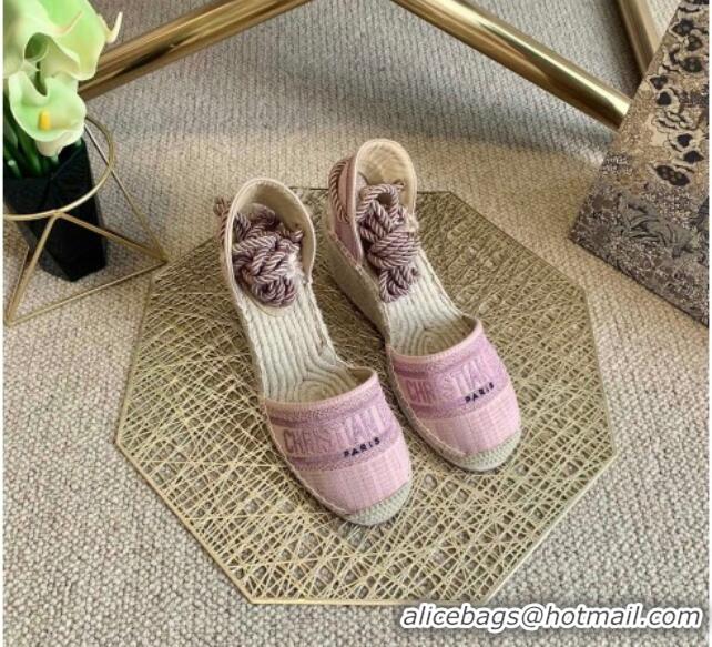 Pretty Style Dior Granville Wedge Espadrilles in Metallic Thread Embroidered Cotton 070911 Pink