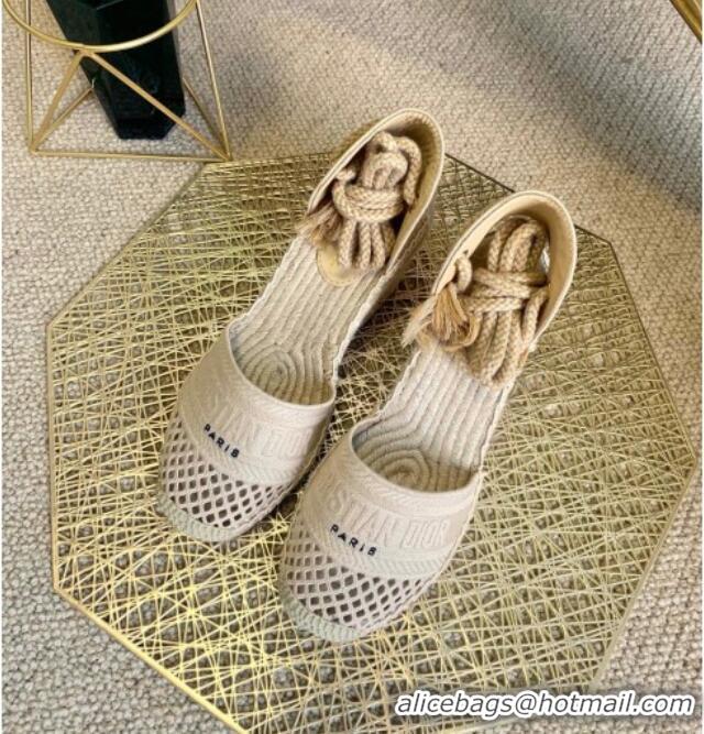 Luxurious Dior Granville Wedge Espadrilles in Beige Mesh Embroidery 070910