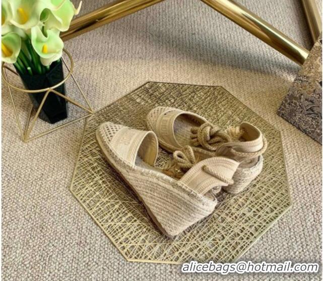 Luxurious Dior Granville Wedge Espadrilles in Beige Mesh Embroidery 070910