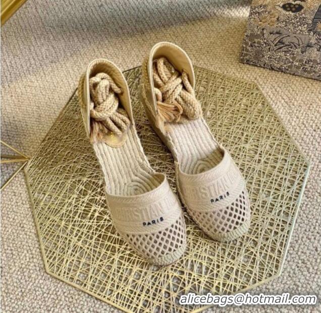 Luxurious Dior Granville Wedge Espadrilles in Beige Mesh Embroidery 070910