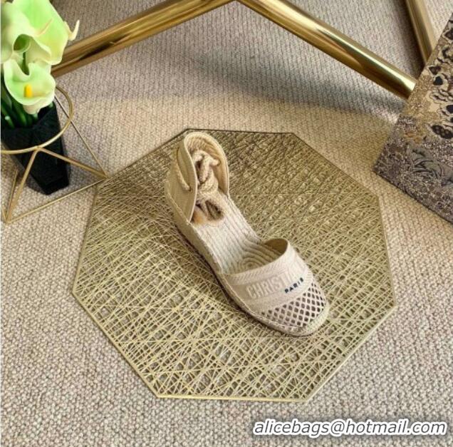 Luxurious Dior Granville Wedge Espadrilles in Beige Mesh Embroidery 070910