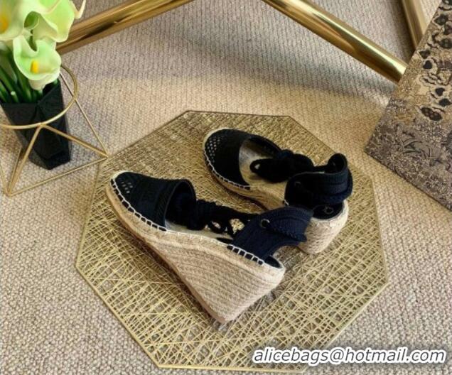 Good Taste Dior Granville Wedge Espadrilles in Black Mesh Embroidery 070909