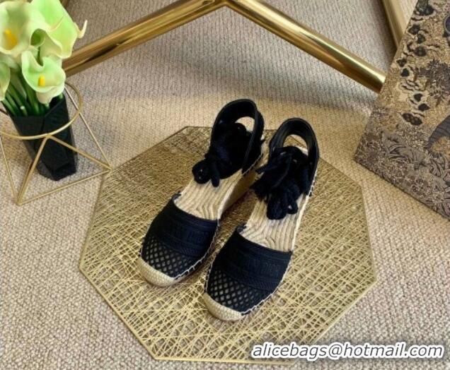 Good Taste Dior Granville Wedge Espadrilles in Black Mesh Embroidery 070909