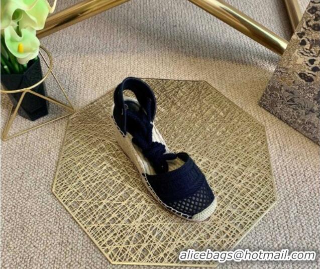 Good Taste Dior Granville Wedge Espadrilles in Black Mesh Embroidery 070909