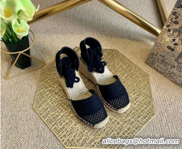 Good Taste Dior Granville Wedge Espadrilles in Black Mesh Embroidery 070909