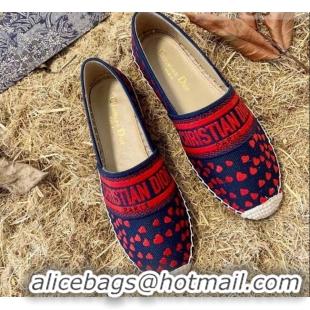 Good Quality Dior Granville Flat Espadrilles in Navy Blue and Red Hearts I Love Paris Embroidered Cotton 070917