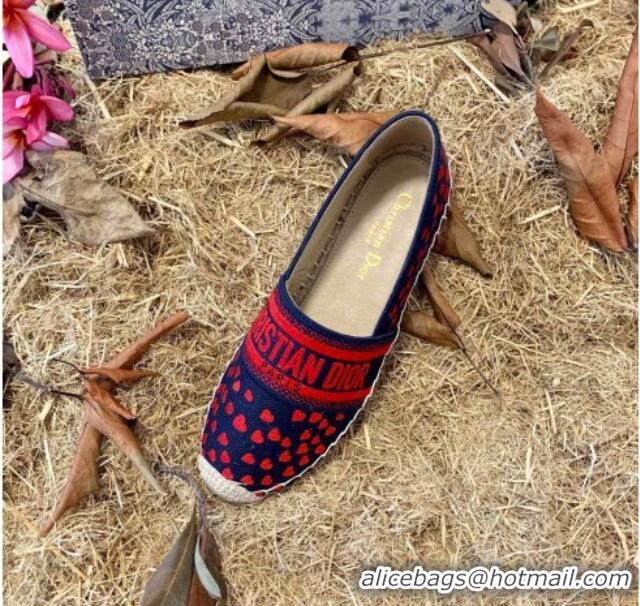 Good Quality Dior Granville Flat Espadrilles in Navy Blue and Red Hearts I Love Paris Embroidered Cotton 070917