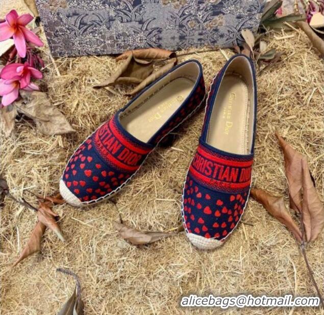 Good Quality Dior Granville Flat Espadrilles in Navy Blue and Red Hearts I Love Paris Embroidered Cotton 070917