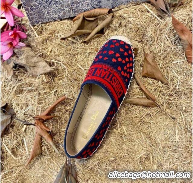 Good Quality Dior Granville Flat Espadrilles in Navy Blue and Red Hearts I Love Paris Embroidered Cotton 070917