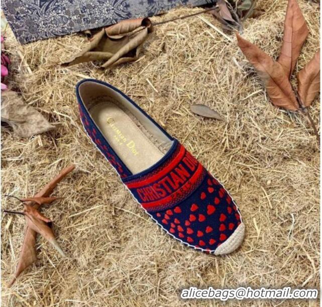 Good Quality Dior Granville Flat Espadrilles in Navy Blue and Red Hearts I Love Paris Embroidered Cotton 070917