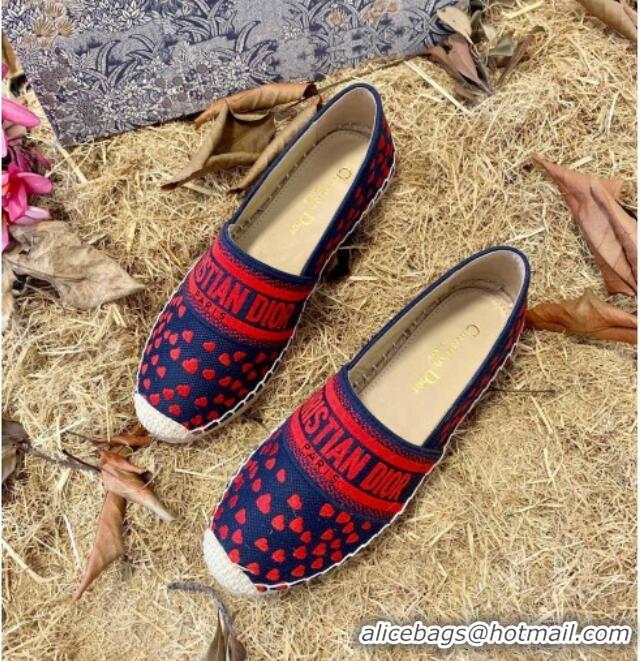 Good Quality Dior Granville Flat Espadrilles in Navy Blue and Red Hearts I Love Paris Embroidered Cotton 070917