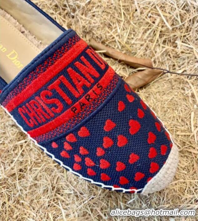 Good Quality Dior Granville Flat Espadrilles in Navy Blue and Red Hearts I Love Paris Embroidered Cotton 070917