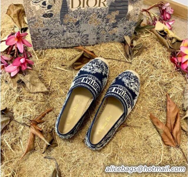 Good Looking Dior Granville Flat Espadrilles in Deep Blue Toile de Jouy Reverse Embroidered Cotton 070914